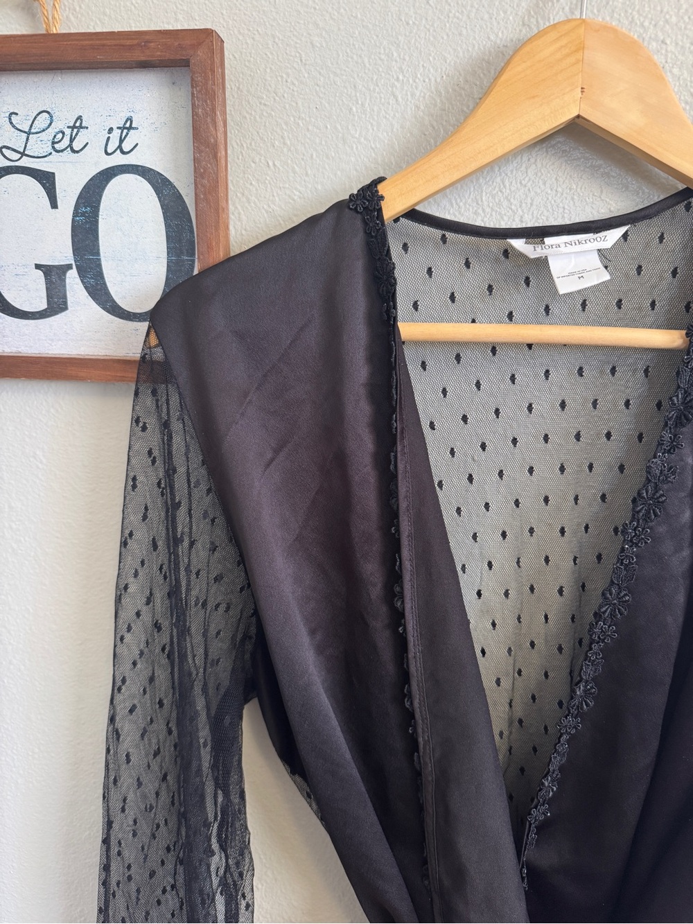 Flora Nikrooz Showstopper Wrap Black Sheer Dot Lace-Trim Robe